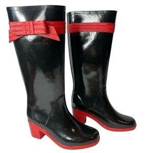 Kate Spade Women 9 Randi Black and Red Bow Heel Rain Boots Shiny Black Rain Boot